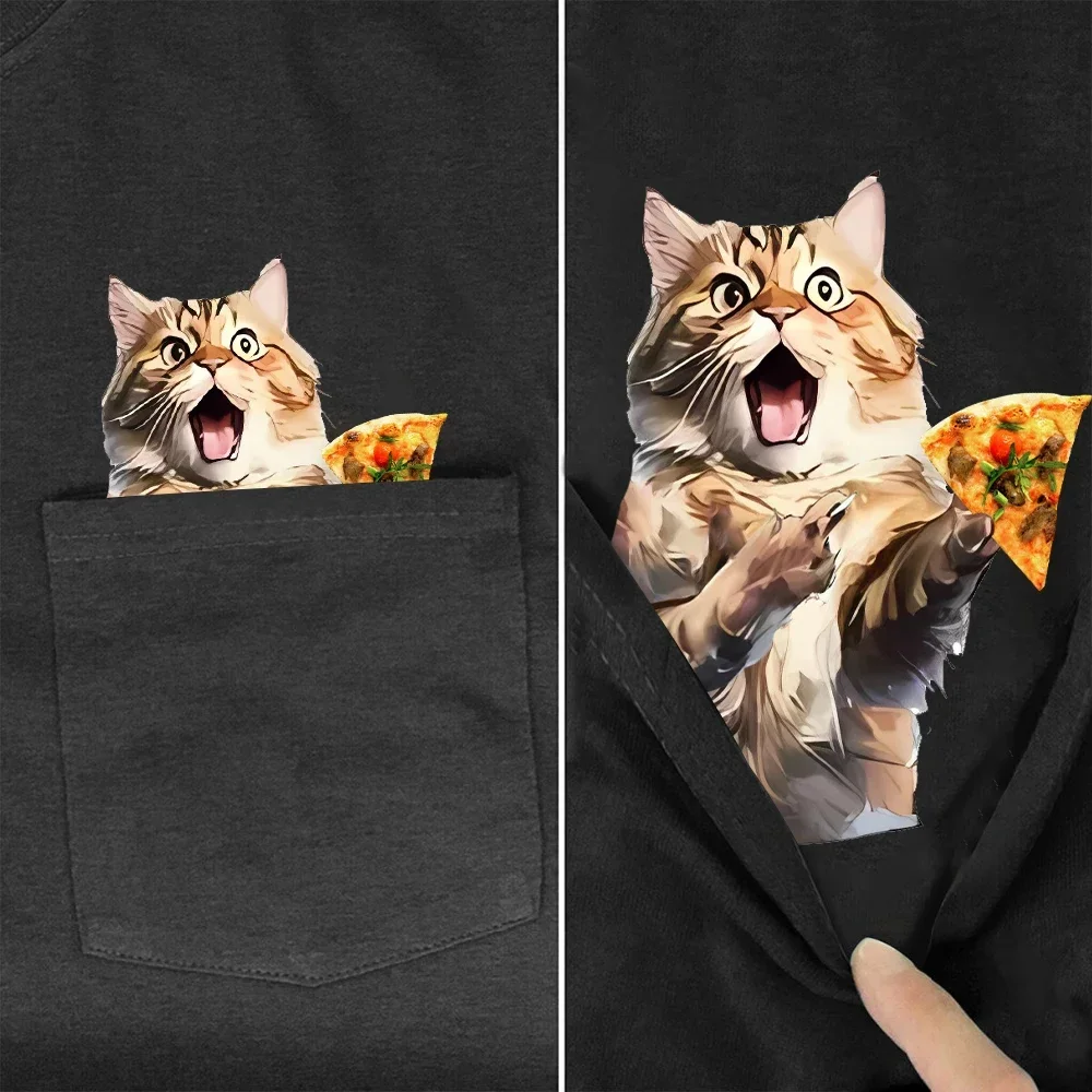 CLOOCL Sausage Pizza Cats Cotton T-Shirts Funny Kitten Printed Pocket T-shirt Mens Women Clothing Short Sleeve Shirts