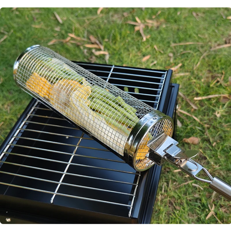 Stainless Steel Rolling Barbeque Drum Grill Net Circular Grilled Basket Smoked Tool BBQ Cage Outdoor Gadget Barbecue Accessories