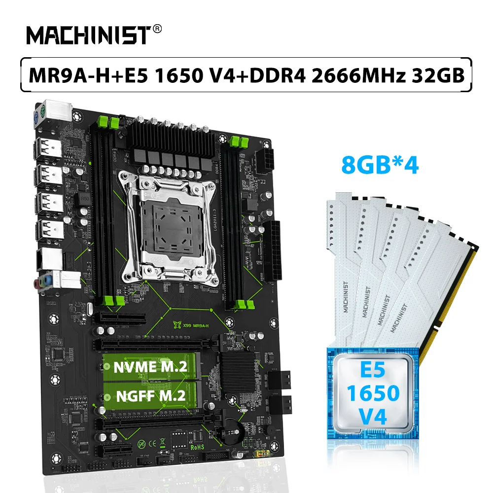 

MACHINIST X99 MR9A-H комплект материнской платы LGA 2011-3 комплект Xeon E5 1650 V4 ЦПУ процессор 32 Гб (4*8 ГБ) DDR4 2666 МГц Память ОЗУ M.2 NGFF