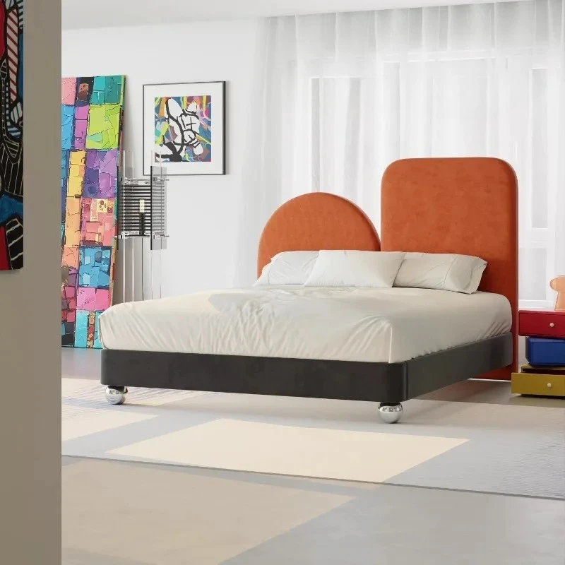 Modern simple light luxury bedroom household rainbow cartoon solid wood double bed small apartment soft bag