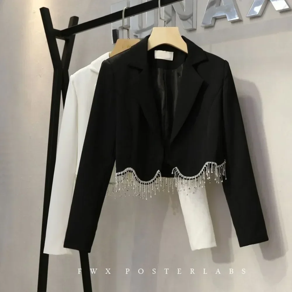 Women Rhinestone Tassel Short Blazer Jacket Slim Fit High Waist Open Front Casual Minimalist Versatile Chic Ladies Outerwear