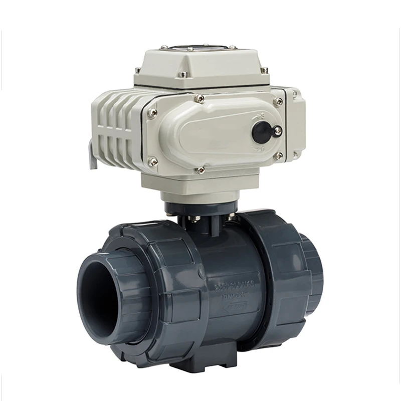 الاتحاد المزدوج 2 طريقة 24 فولت 220 فولت المحرك تعمل صمام كروي البلاستيك Upvc/Cpvc المياه الموضوع صمامات كروية كهربائية