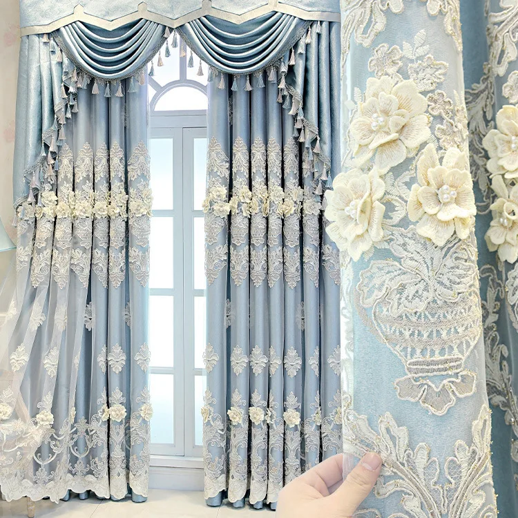 Custom European high-grade atmosphere relief embroidered gauze room blue cloth blackout curtain tulle valance drape C1128