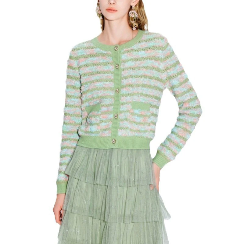 Autumn Winter Striped Long Sleeved Sweater For Women 2024 New Sweet Round Neck Knitted Cardigan Chic Contrast Color Loose Coat