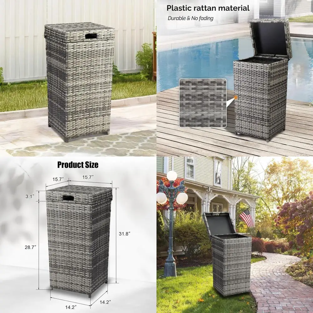 

27 Gallon Grey Wicker Outdoor Trash Can with Removable Lid