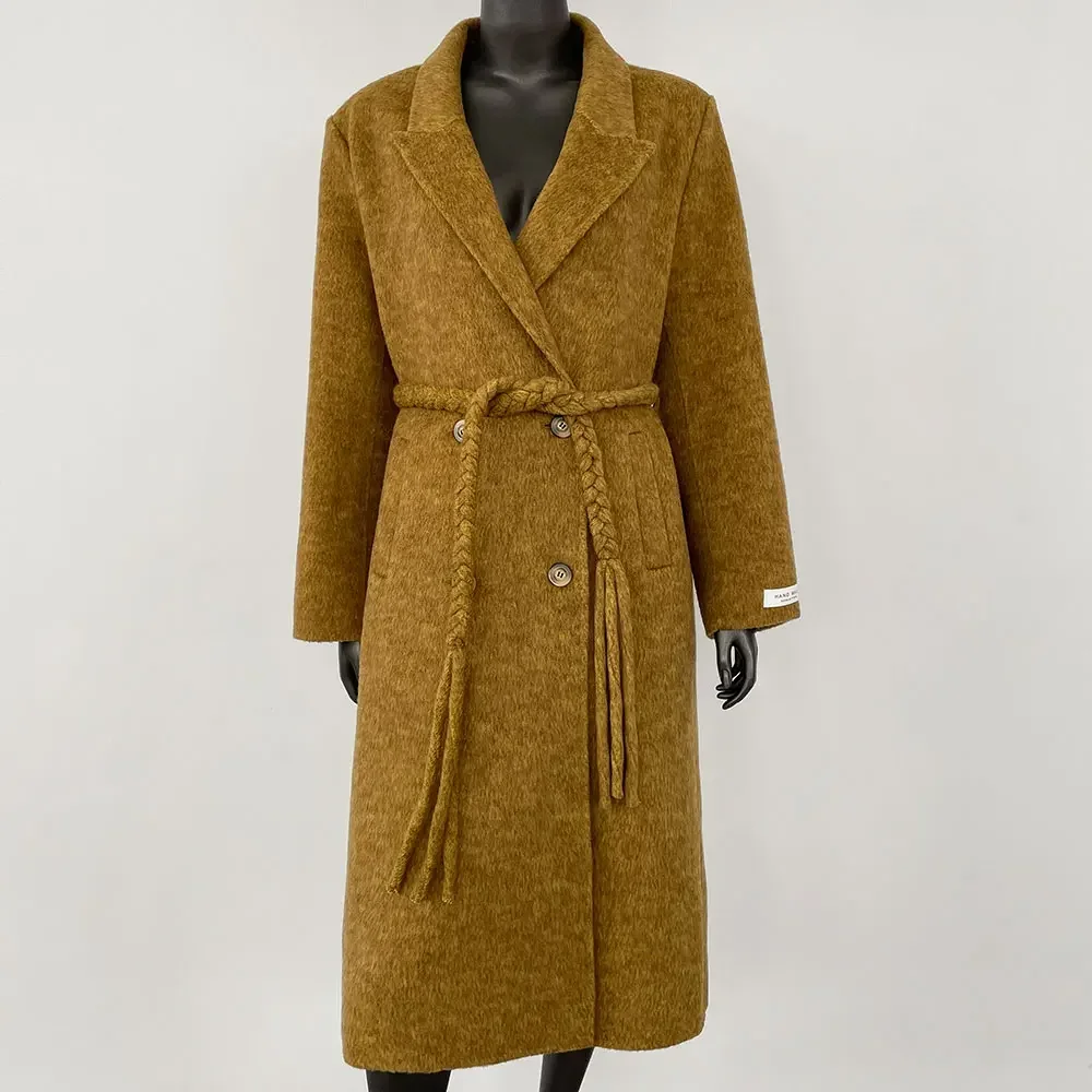 

CXFS Autumn Winter Long Woven Belt Long Thick Warm Lapel Double-sided Wool Blends Coat Women Outerwear Streetwear New Fashion