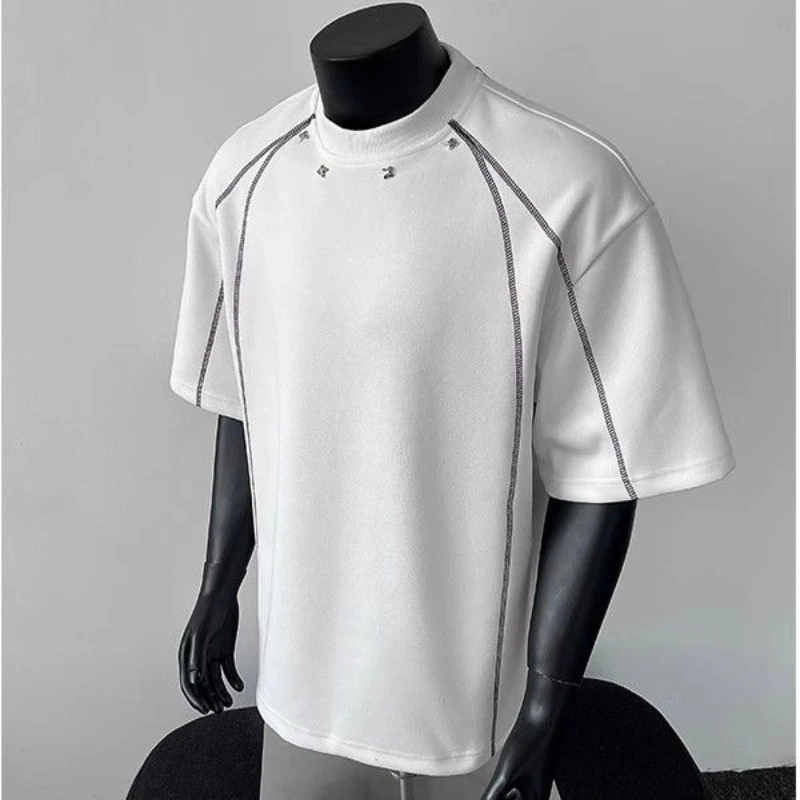 Summer Men's Breathable Tshirt High Street Half-sleeve Rivet T-shirt Tees Patchwork Sewing American Men T-shirt Loose Fit Tops