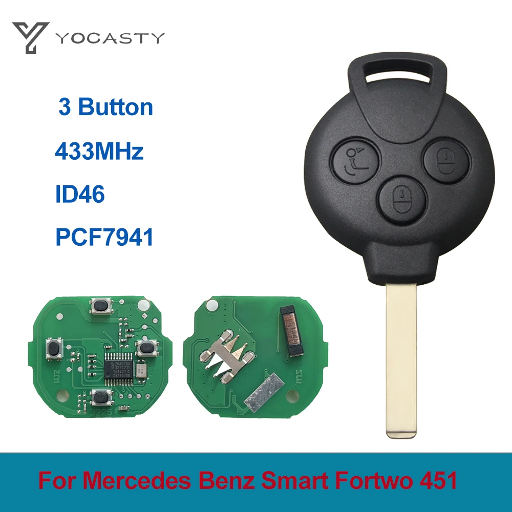 YOCASTY 3 Buttons 433MHz ID46 Chip PCF7941 Remote Car Key For Mercedes Benz Smart Fortwo 451 2007 2008 2009 2010 2011 2012 2013