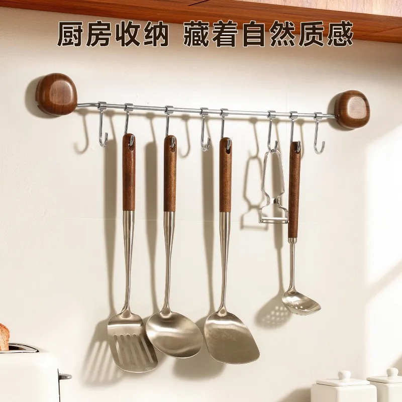 

Non-punching sucker hook rack retro solid wood stainless steel kitchen spoon and shovel special multifunctional row of racks.