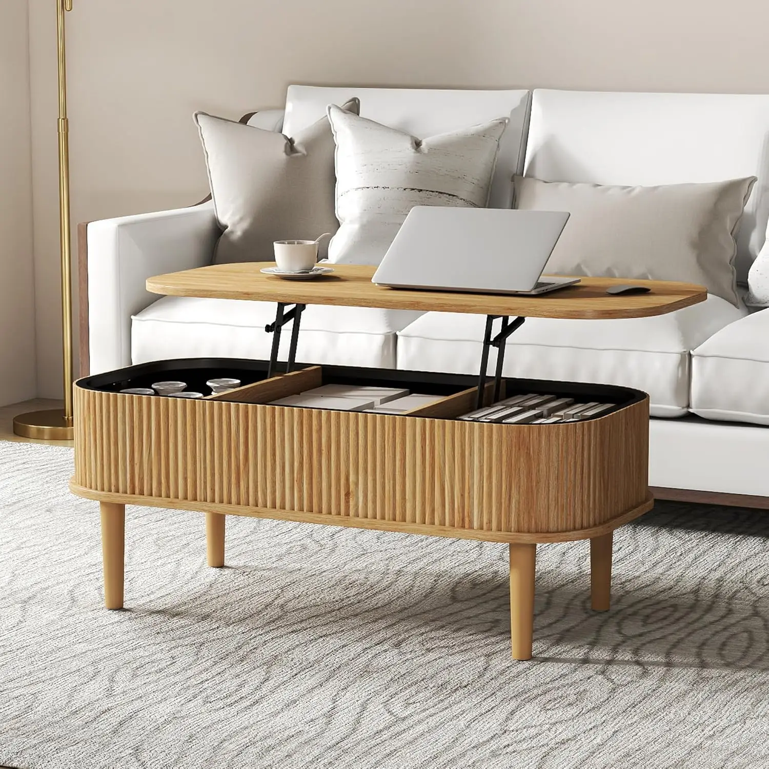 

Fluted Lift Top Coffee Table Hidden Storage Oval Mid Century Modern Living Room Office Small Space Natural, Customized