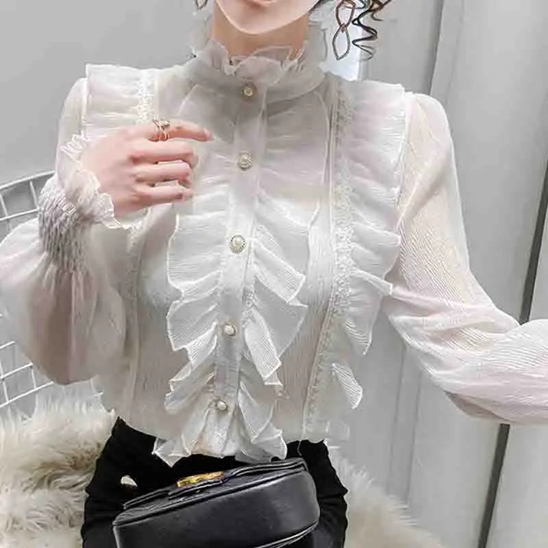 Sweet and Chic Long Sleeve Stand Collar Blouses Women Casual Loose White Shirts Korean Lace Ruffles Elegant Chiffon Blusas 13433