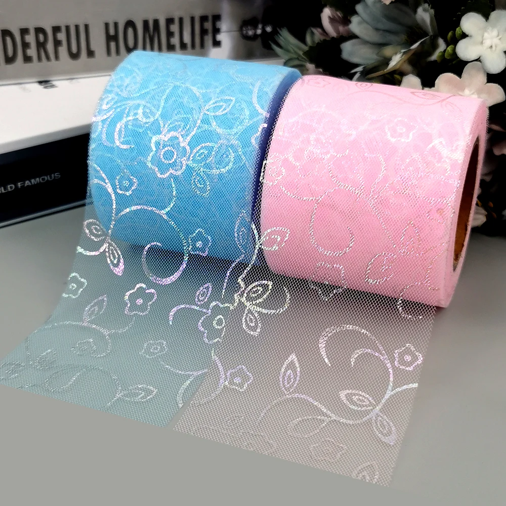 6cm 25yards Tulle Ribbon Rolls Illusory Foliage Branch Leaf Vine Patern Organza Mesh Tape For Handmade Craft Hairbow Scraphbook