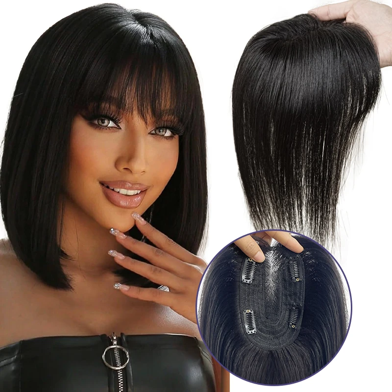 10 inch 9*14cm Lace Hairnet Clip in Hair Topper Extension Top Wig Piece with bangs for Women for Daily Life