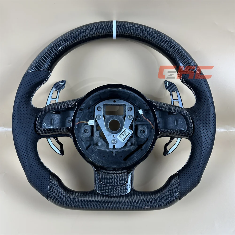 Custom white suture center stripe black leather carbon fiber steering wheel for 2008 2009 2010 2011 2012 2013 2014 2015 A-udi R8