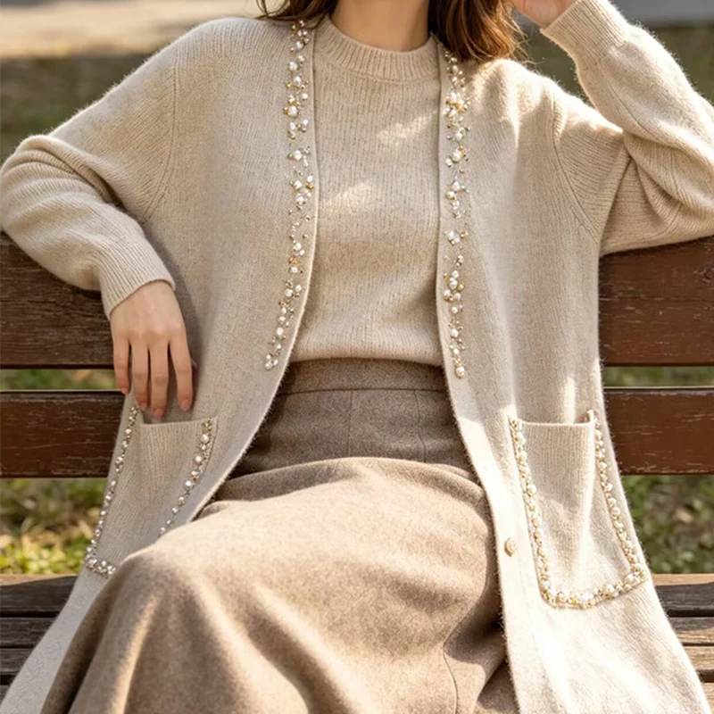 Fashionable Long Knitted Cardigan Women's Slim Fit Commute Style Versatile Pearl Embellished Casual Knitwear ZADATA 2026 New ...