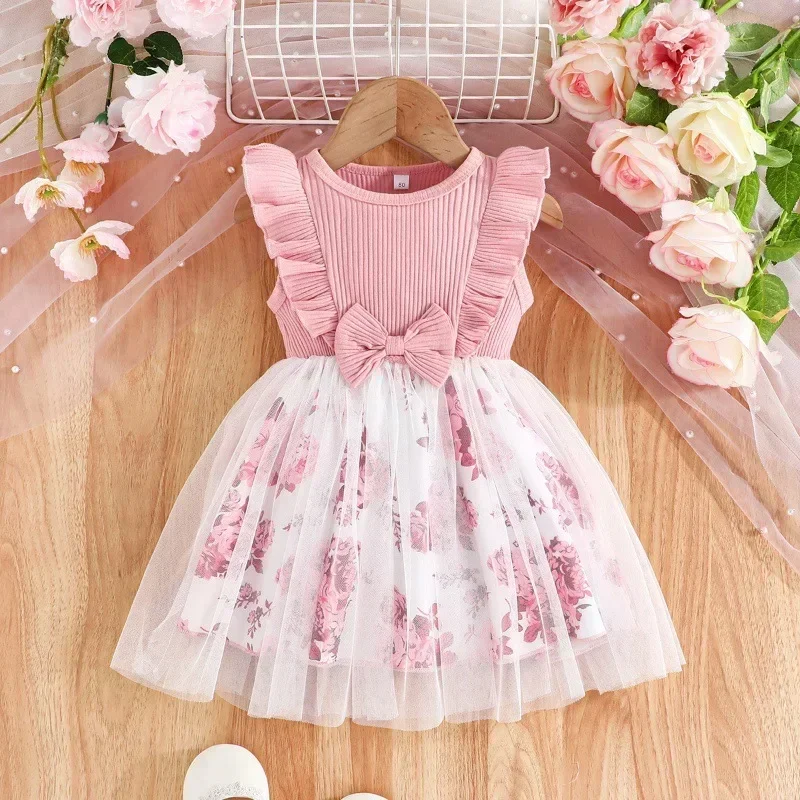 Baby Girl Dress for Summer New Solid Color Tutu Dresses for Lace Patchwork Dress for Flower Print Mesh 1-5Yrs Children\'s Clothes