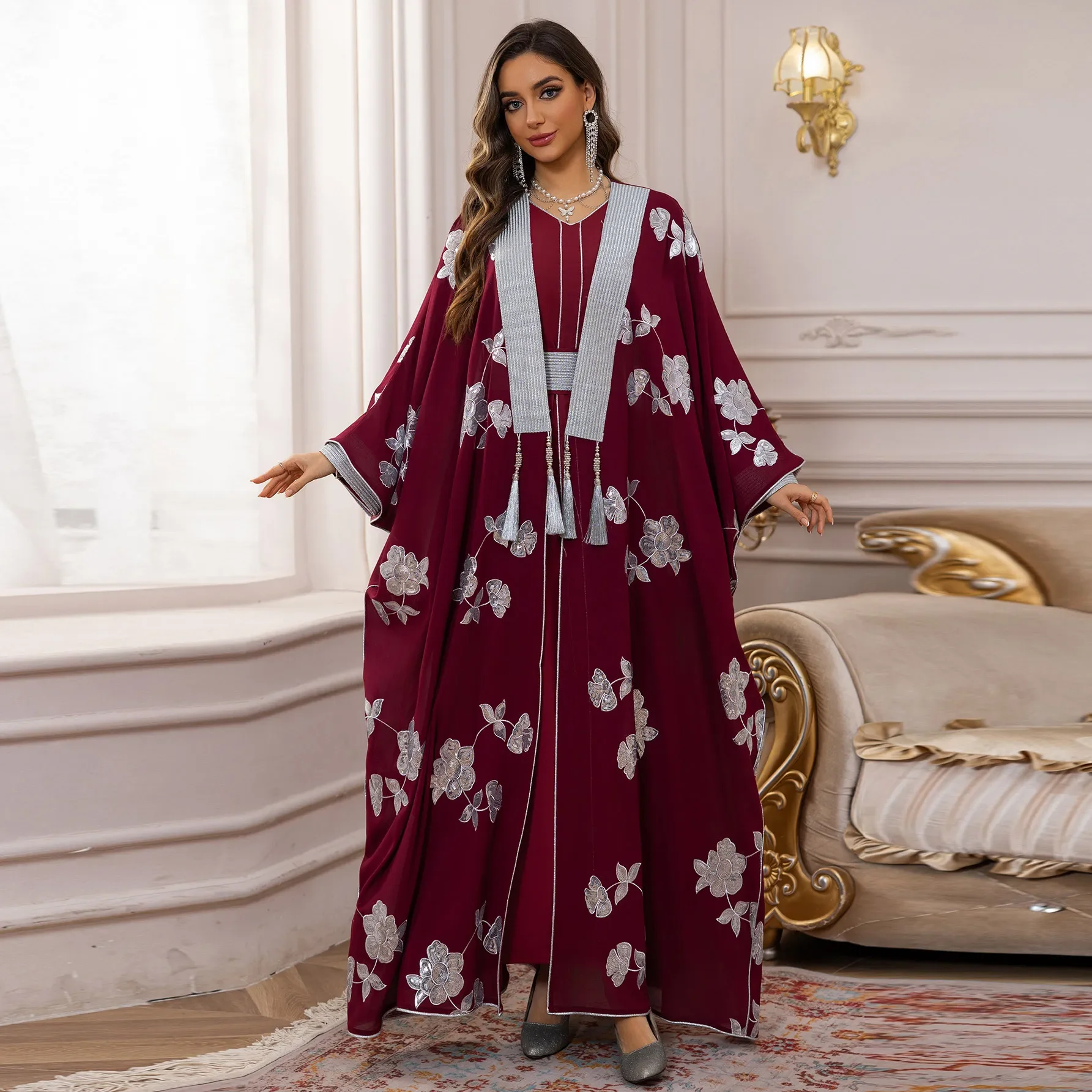 Abayas for Women Plus Size Muslim Women Long Sleeve V-neck Polyester Long Maxi Dress Fashion Muslim Abaya with Inner Outfits