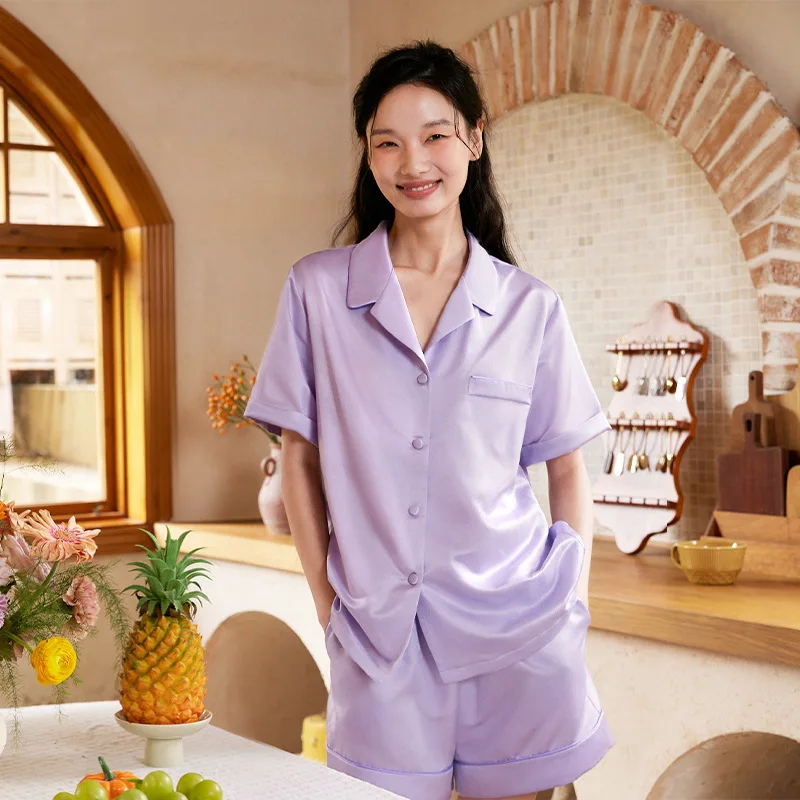 2026 New Women Silk Pajama Set With Chest Pad Short Sleeve Shorts All Season Wearable Outside Loungewear