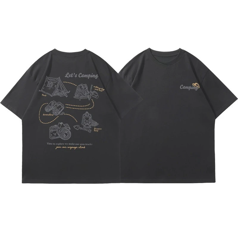 New Korea Men Short Sleeve Mountain Outdoor Retro Spring Summer Camping Style Graffiti Loose Heavy Cotton Sweat Absorbent Tee
