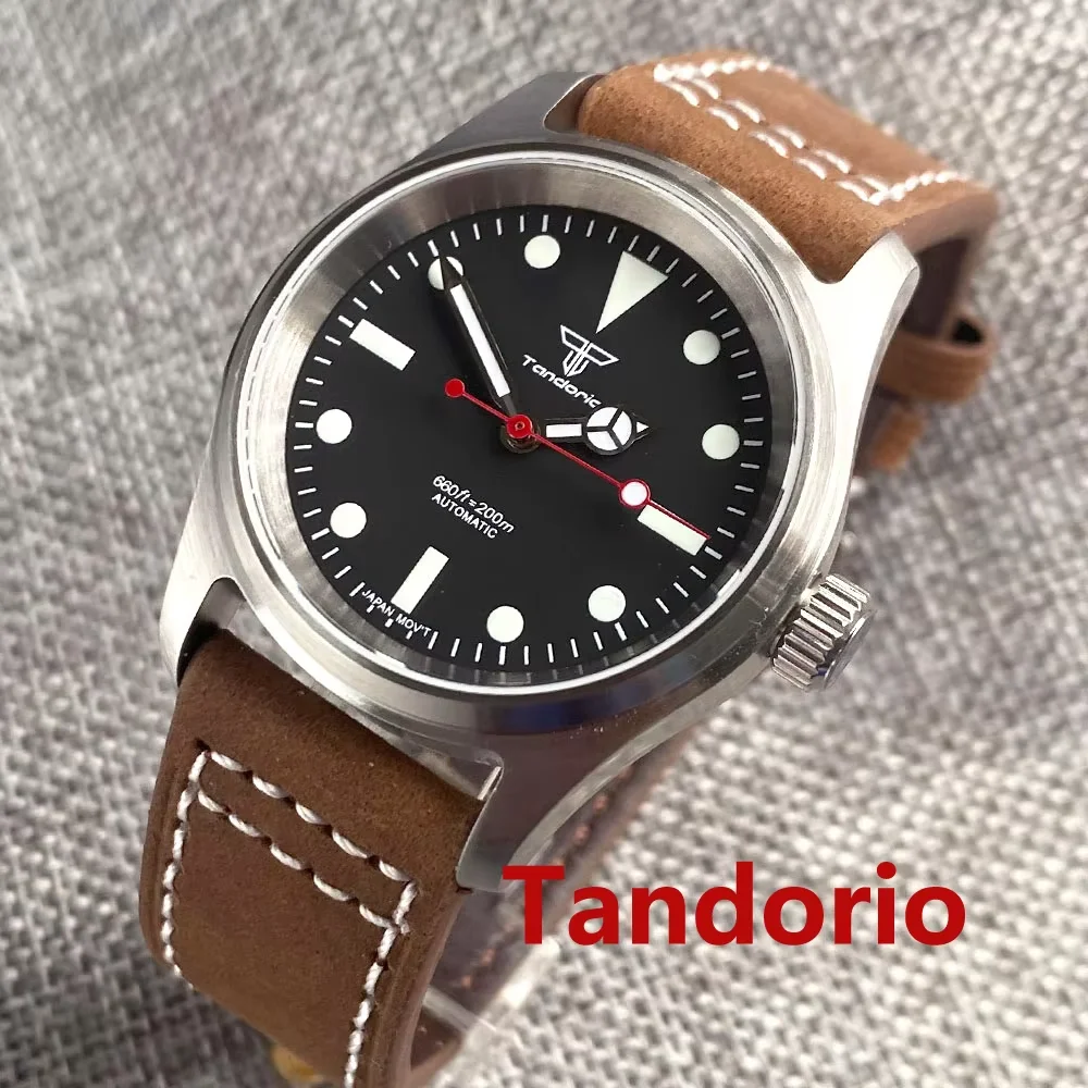 Tandorio 36mm 20ATM Black Dial Red Hand Sapphire Glass NH35A PT5000 Auto Pilot Aviator Diver Men Watch Leather Luminous