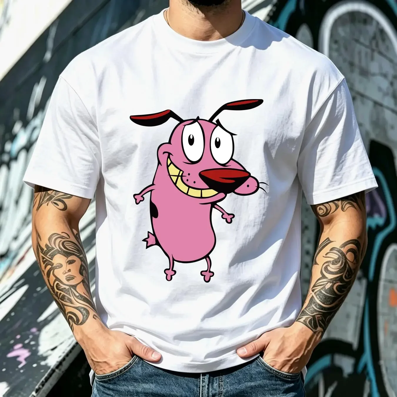 washed T Shirt Lion Coward Dog 2 Courage the long or short sleeves vintage Washed Stylish fashion homme Versatile