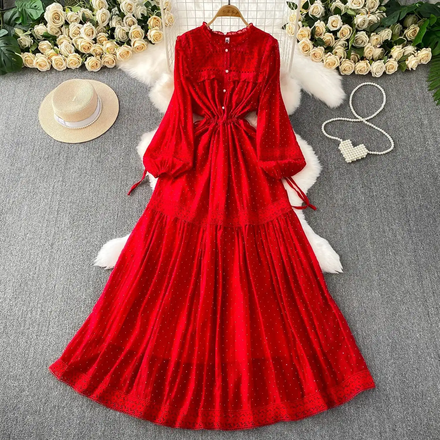 Chic vintage froncé strass épissé dentelle élégante fée mode coréenne Boho femmes vêtements robe longue