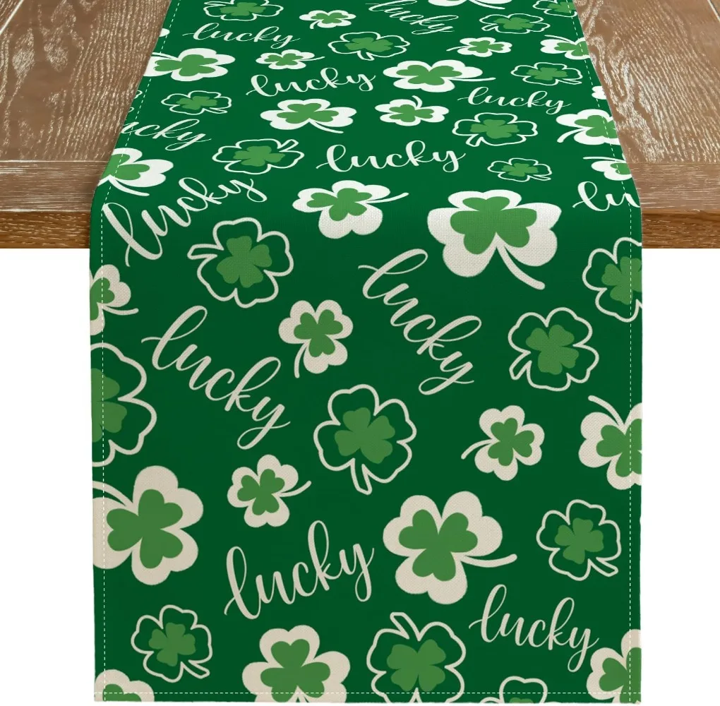 Artoid Mode Buffalo Plaid Lucky Clover Shamrock Table Runner, Seasonal St. Patrick's Day Holiday Kitchen Dining for Home