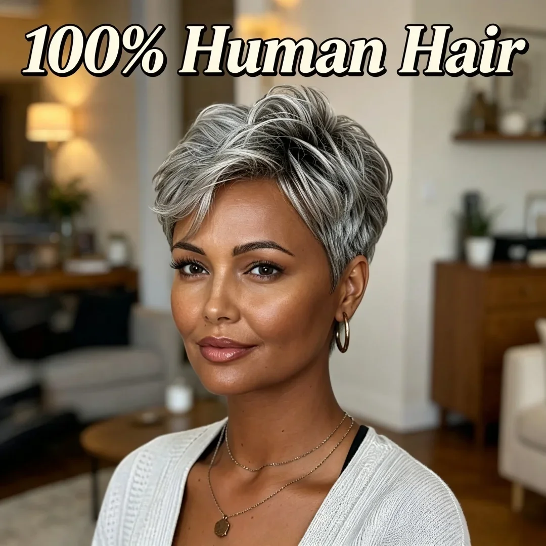 ショートカーリーグレーオンブレ人毛ウィッグ（前髪付き）ソフトママヘア自然な見た目レディースデイリーパーティーウィッグ