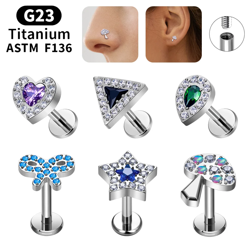 

G23 Titanium Piercing Jewelry Heart Waterdrop Pattern Ear Studs Colorful CZ Labret Lip Stud Tragus Cartilage Conch Daith Earring