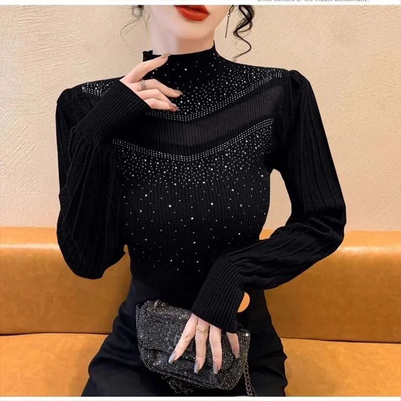 Women\'s Clothing Half High Neck Knitted Sweater Autumn/Winter Patchwork Lace Temperament French Style Pullovers Lady Hot Fix Top