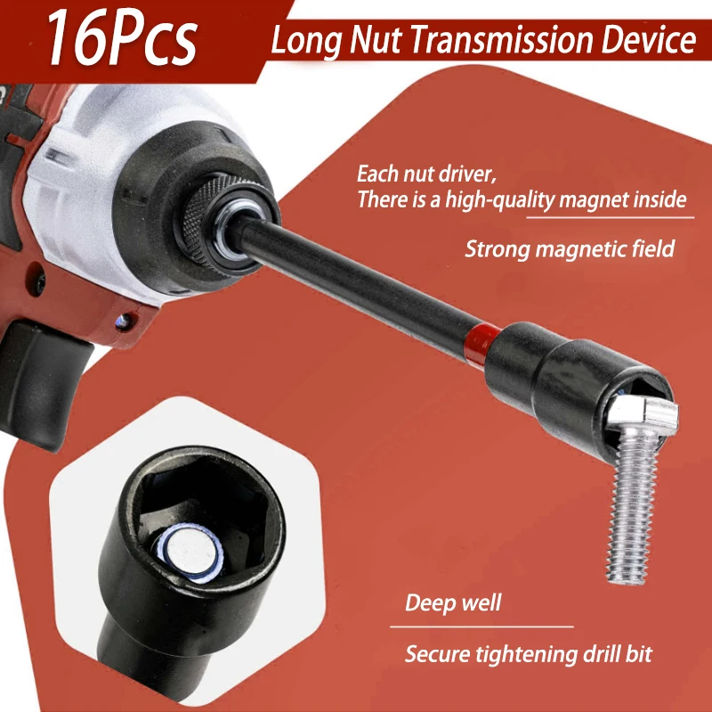 16Pcs Magnetic Nut Driver Set Long Nut Drivers for Impact Drill 1/4\