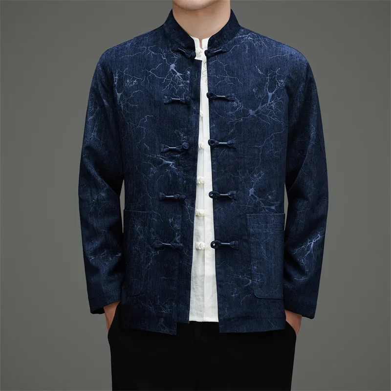 Stand Collar Frog Button Shirts For Men Long Sleeve Print Casual Winter Quality Tang Costume Jacket Boutique Camisetas De Hombre