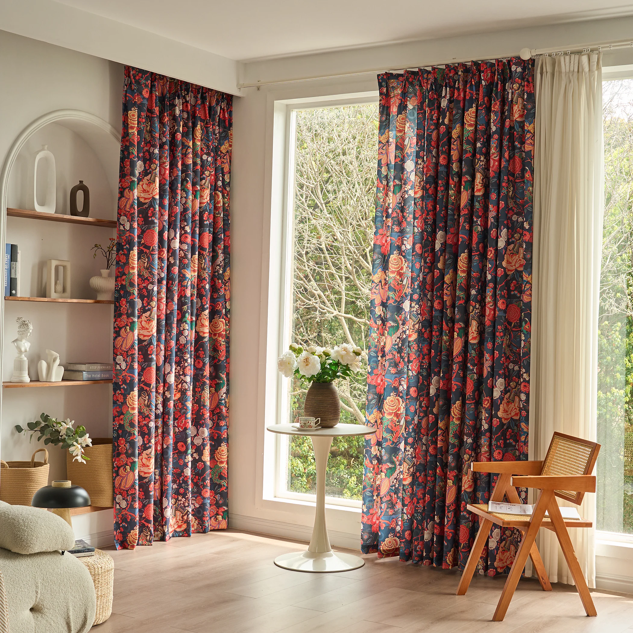 Retro Peony Monkey Floral Velvet Curtains for Living Room Colorful Floral Print Pattern Blackout Window Drape 1PC