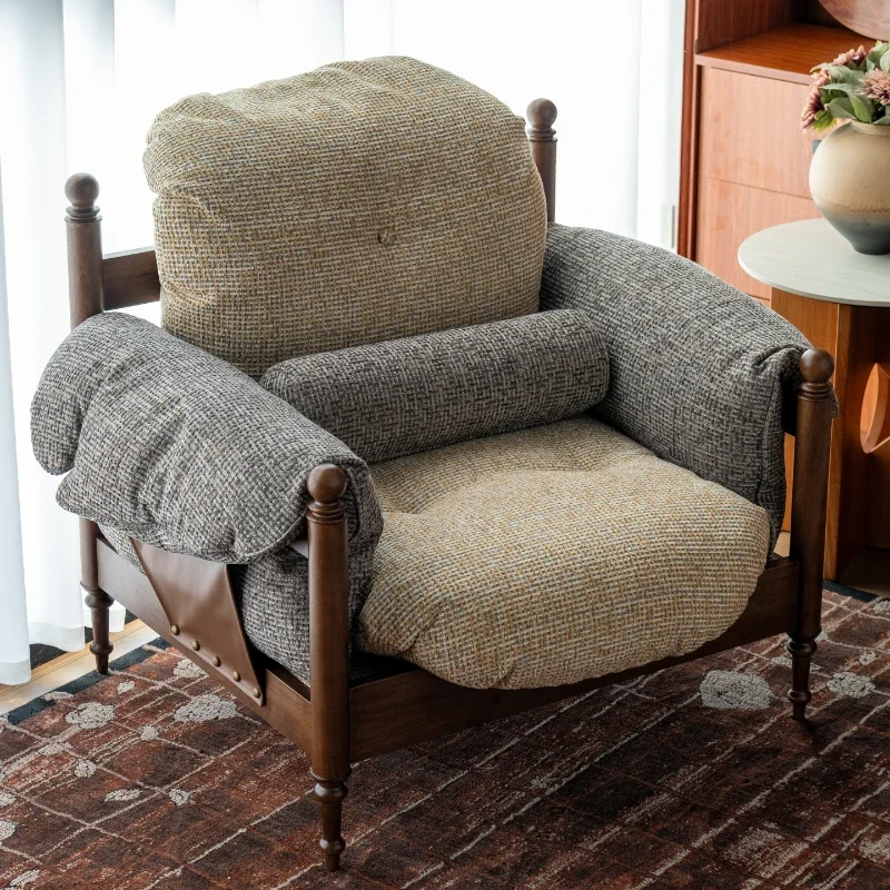 Medieval retro style single sofa solid wood leather single seat