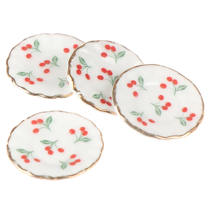 4PCS Kitchen Toys Dollhouse Cherry Trays Plates Doll Durable Mini Food Dishes Tableware Miniature Doll House Accessories