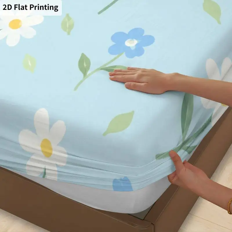 3Pcs Floraldaisyblue Fitted Sheet Three Piece Set (1*Fitted Sheet + 2*Pillowcases, Coreless), Bedding Set