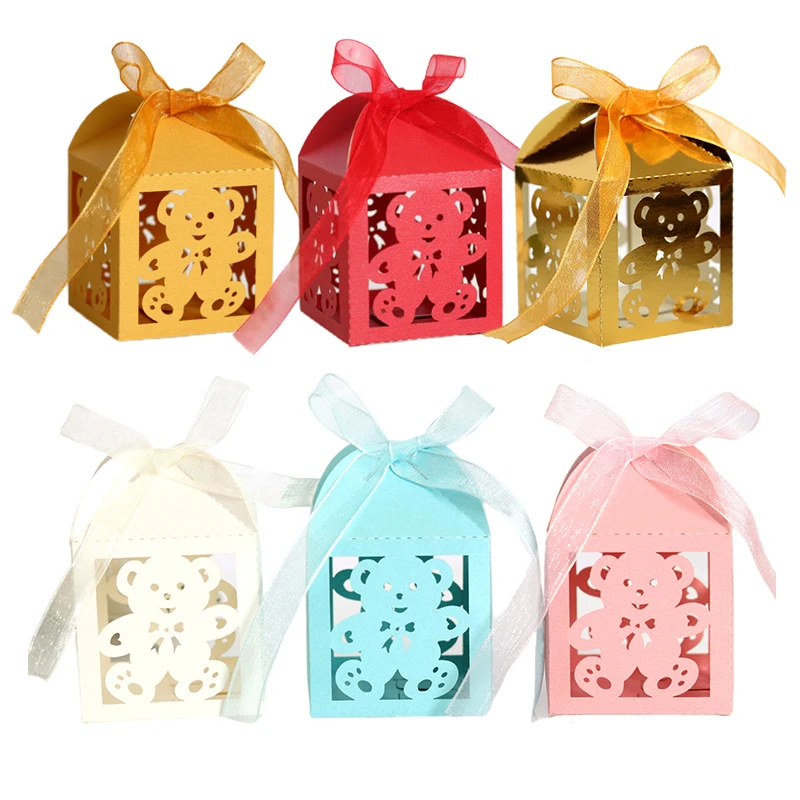 10/20/50pcs Candy Boxes Little Bear Sweets Favor Gift Boxes With Ribbon Baby Shower Birthday Children's Day Wedding Party Decor