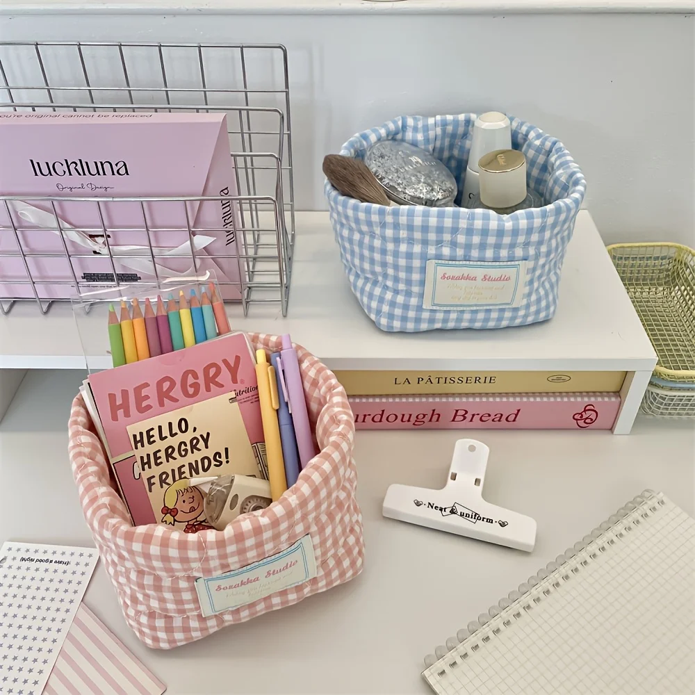 Cesta de almacenamiento plegable con diseño de corazón de guinga, organizador de escritorio con parte superior abierta acolchada para cosméticos, cuidado de la piel, decoración para dormitorio y baño, regalo, 1 ud.