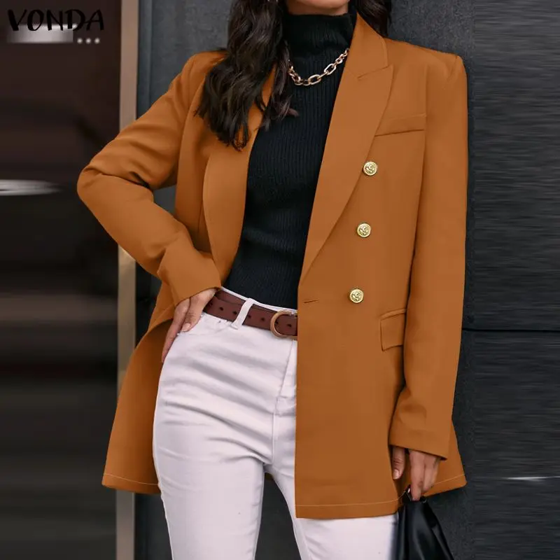 Autumn VONDA Women Blazer Double Breasted Button Long Sleeve Lapel Vintage OL Work Office Suit Thin Jackets Streetwear Oversize