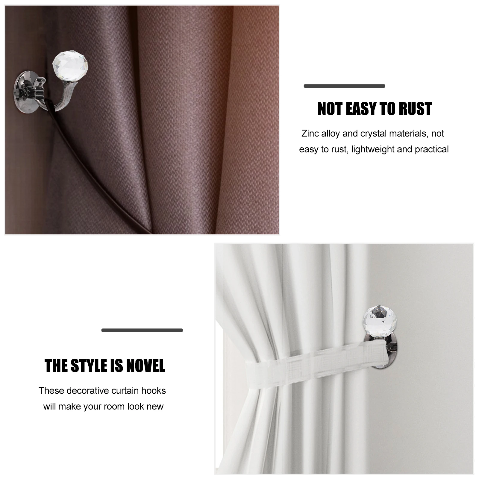

2pcs Zinc Alloy Crystal Curtain Hooks Household Decorative Accessories Lightweight Rustproof Creative Design For Bathroom Tub