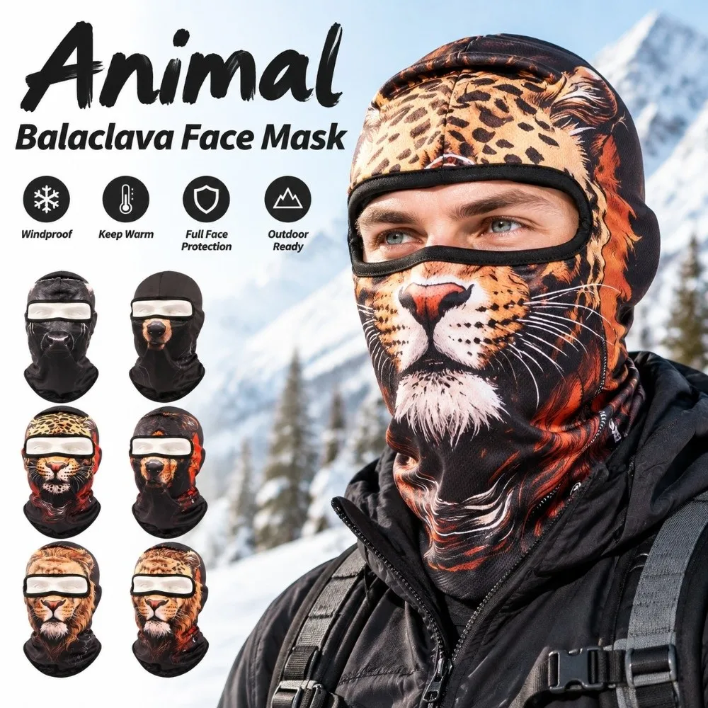 3D Printed Animal Pattern Funny Ski Mask Breathable Eye Hole Full Coverage Ski Mask Hood Windproof Sweat Absorbent