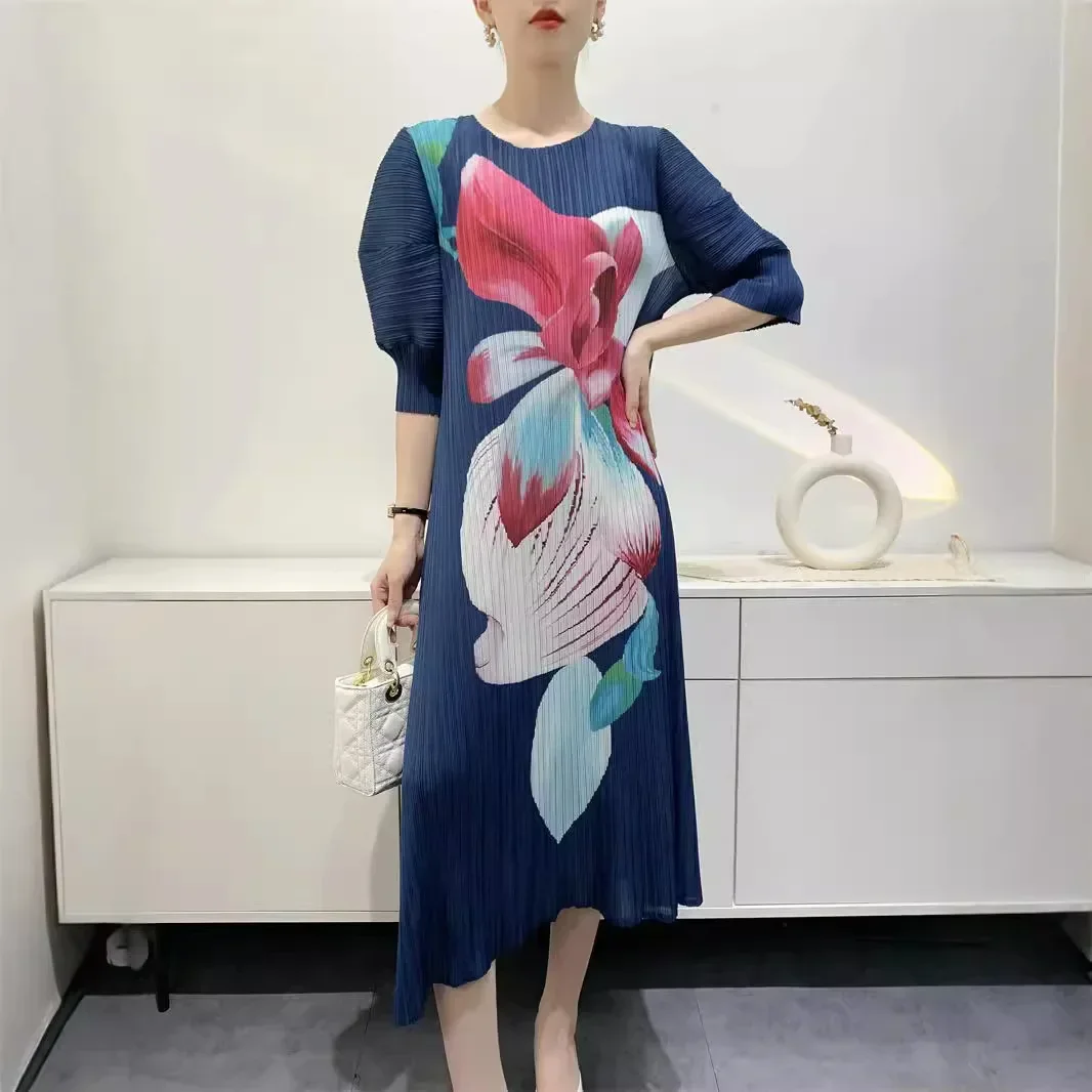 Miyake 2024 Summer Korean Version High-end Fashionable Pleated Flower Bud Printing Temperament Elegant Stretch Dress for Women