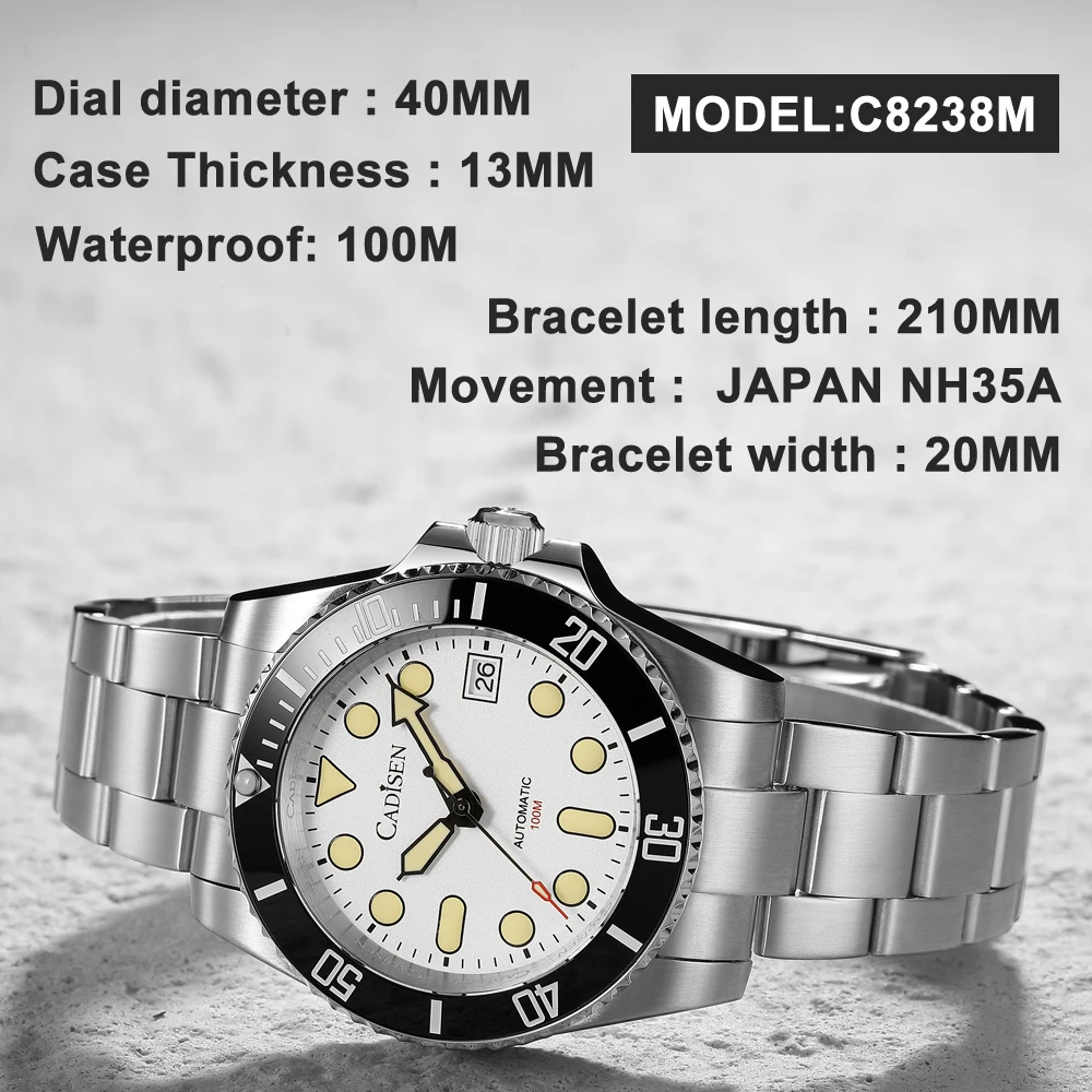 CADISEN 2024 New 40mm Men Automatic Mechanical Watches NH35 Movement Stainless Steel Sapphire Glass Waterproof Men Watches C8238