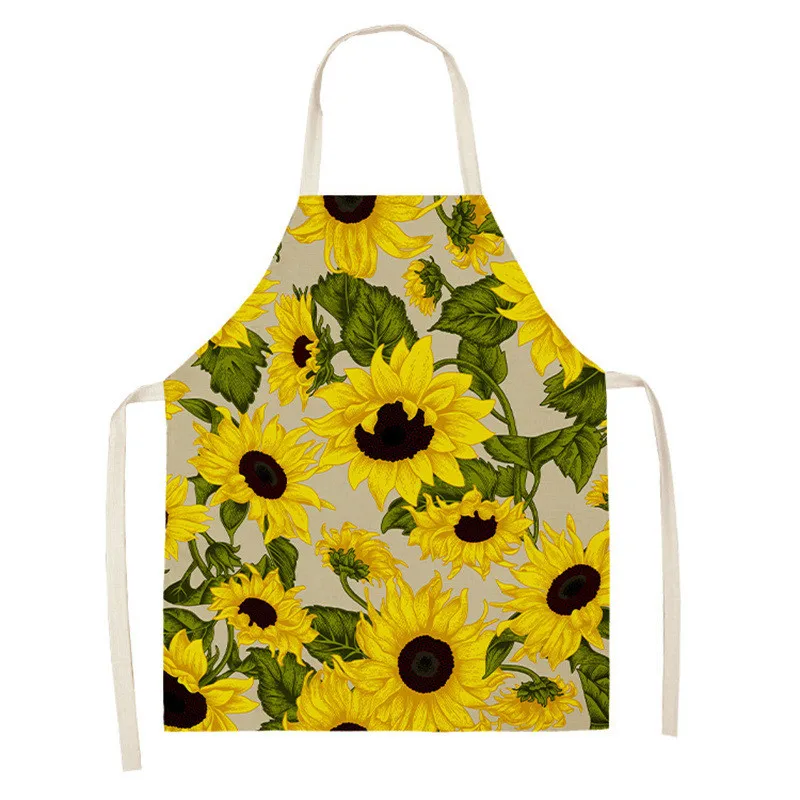 Sunflower Pattern Kitchen Apron Women Home Cooking Cotton Linen Stain Resistant Sleeveless Apron Baking Accessories Kids Apron