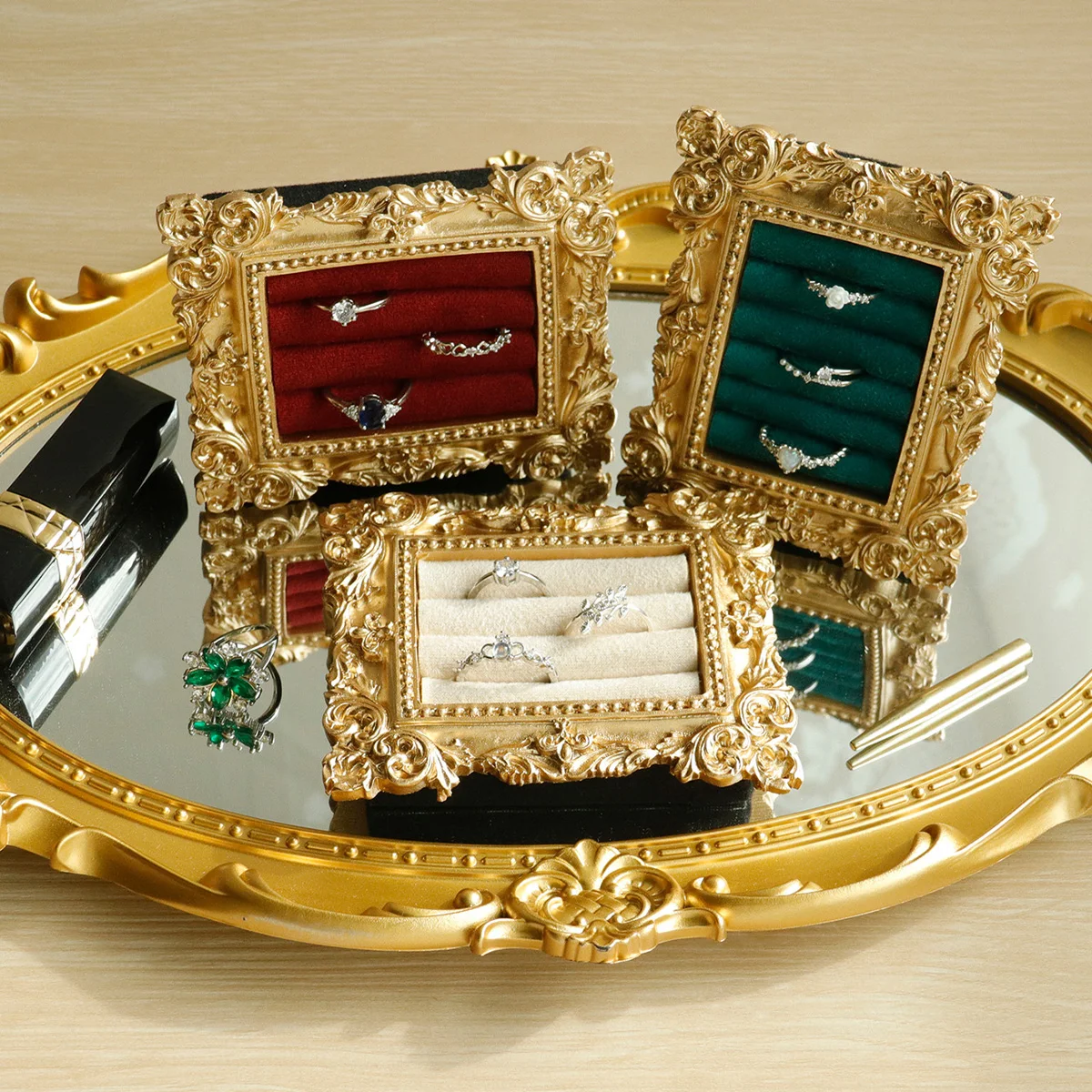 

Vintage Gold Ring Display Stand,Suede Earring Tray Baroque Design,Wedding & Birthday Gifts, Velvet Organizer for Engagement Prop