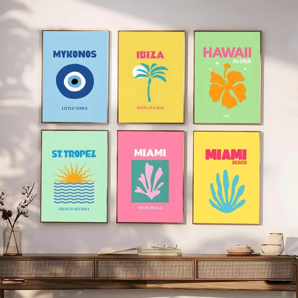 1pc Mykonos Ibiza Miami Bondi Amalfi St.tropez Colourful Poster Stickers Art Wall Murals Decor Game Room Decor Gifts Kawaii HD