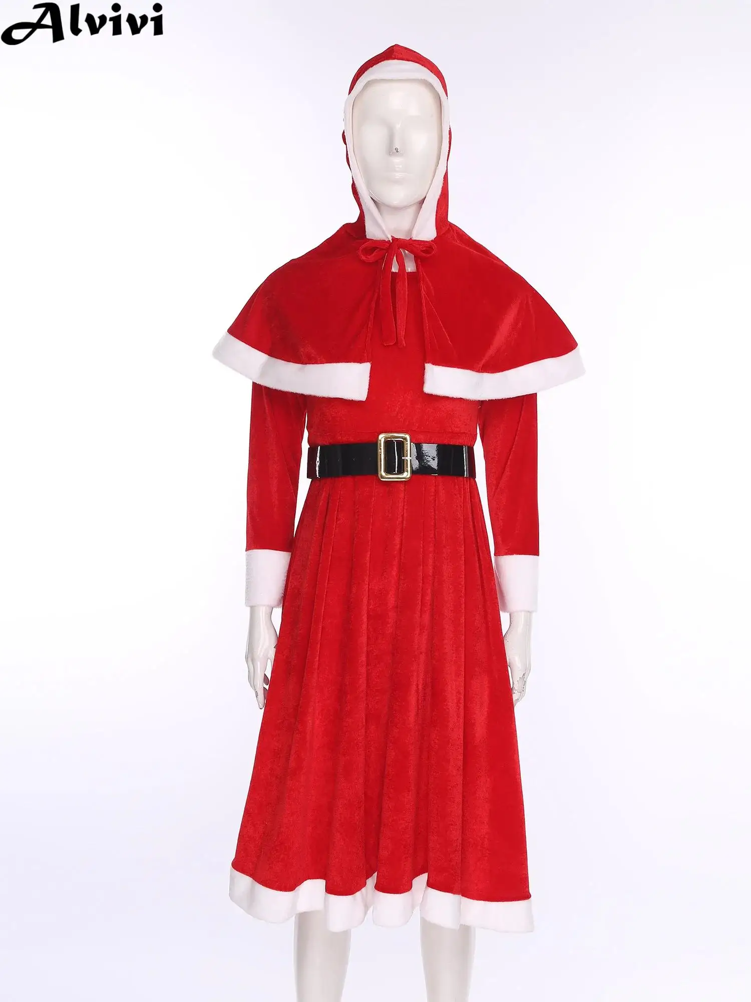 女性クリスマス長袖ベルベットドレスフード付きケープベルト付きクリスマス新年パーティーカーニバルミセスサンタクロースコスプレ衣装