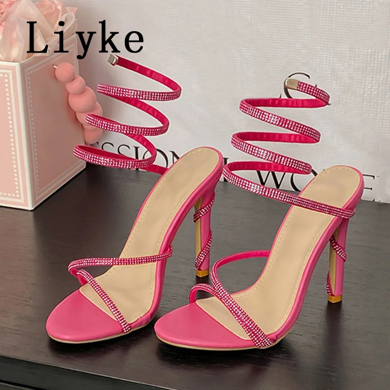 

Liyke Sexy Red High Heels Sandals Woman Crystal Rhinestone Ankle Snake Twine Around Party Prom Shoes Female Gladiator Sandalias