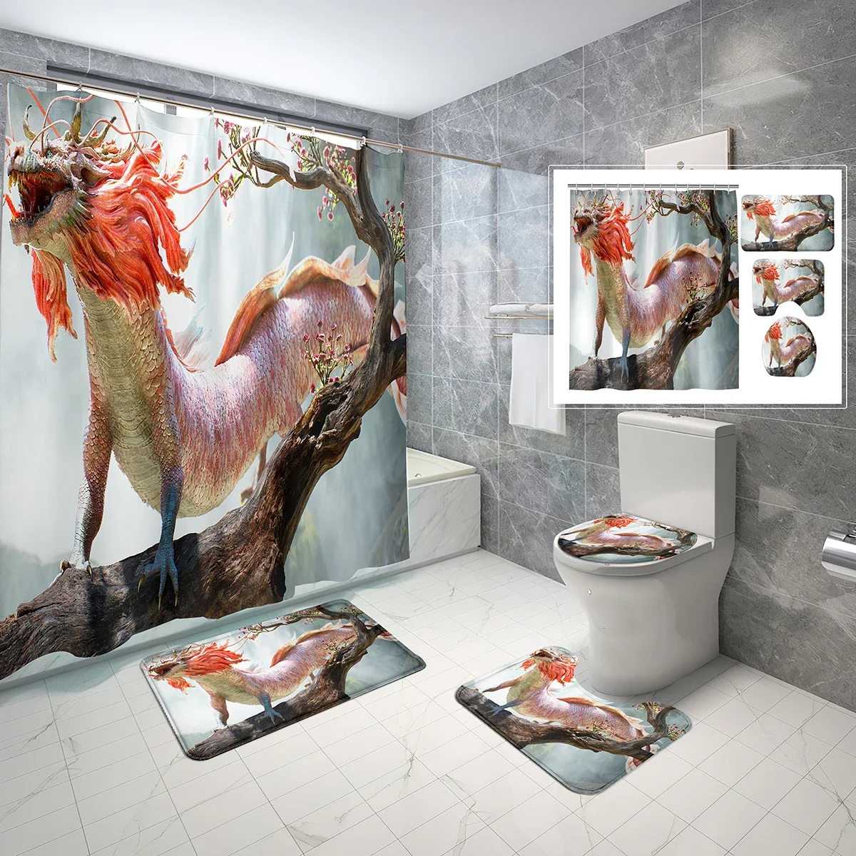 4 PCS Magical Creature Shower Curtain Sets,Fantasy Creature Bathroom Waterproof Bath Curtain,Non-Slip Bath Mat Toilet Cover Set