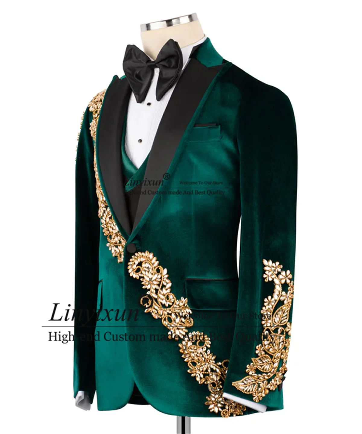 موضة المخملية الرجال البدلة 3 قطعة مجموعات الذكور حفلة موسيقية الحلل مخصصة الزفاف العريس البدلات الرسمية مجوهرات الماس زي أوم الزي